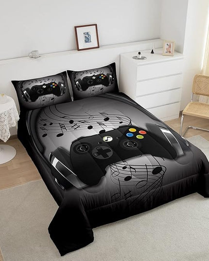 Gamer Comforter Set Full Size,Black Grey Headphones Musical Design Games Gamepad Bedding Set for Kids Boys Video Game Room Decor Retro Playing Gamer Down Comforter Gaming Controller Quilted Duvet Set - LeafyLoom