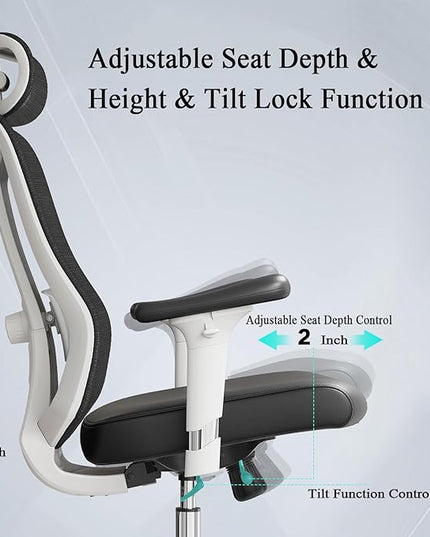 Ergonomic Office Chair with 3D PU Armrests, Home Office Chair with 3D Adjustable Lumbar Support, Adjustable Seat Depth Desk Chair, Swivel Big and Tall Computer Chair,Thick Seat Cushion - LeafyLoom