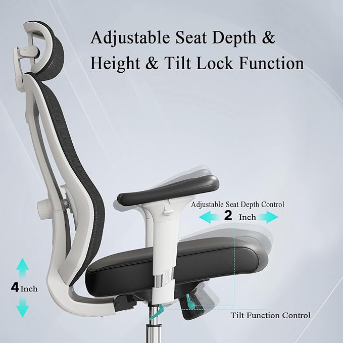 Ergonomic Office Chair with 3D PU Armrests, Home Office Chair with 3D Adjustable Lumbar Support, Adjustable Seat Depth Desk Chair, Swivel Big and Tall Computer Chair,Thick Seat Cushion - LeafyLoom