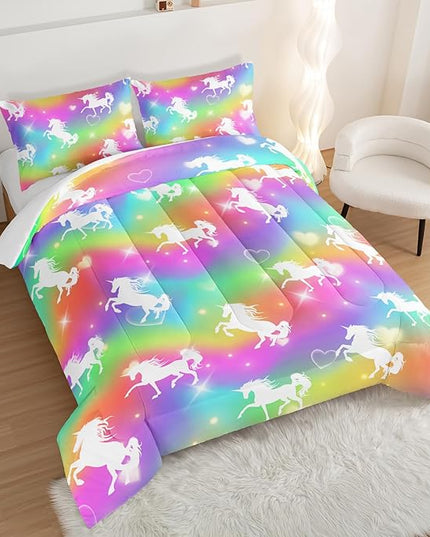 HOSIMA Unicorn Bedding 3pcs Rainbow Comforter Set with 2 Pillowcases,Sparkle Stars Twin Bed in a Bag Sets for Adults Teen Girls,Cute Rainbow Unicorn Twin Comforter Princess Toddler Bedding Set. - LeafyLoom