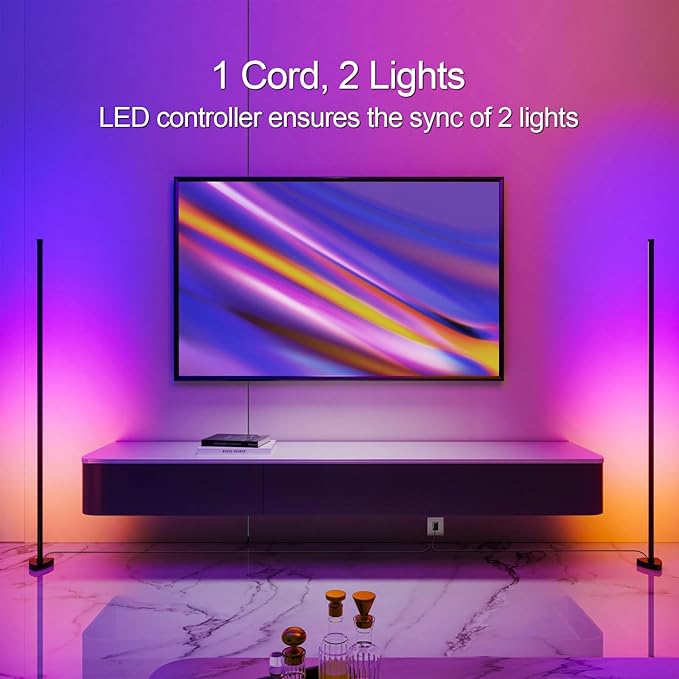 Corner Floor Lamp, Synced Dual Lights LED Control Floor Lamp RGB+ICW Light 56" Smart LED Corner Lamp App and Remote for Living Room Gaming Bedroom and Etc.(1 Pair) - LeafyLoom