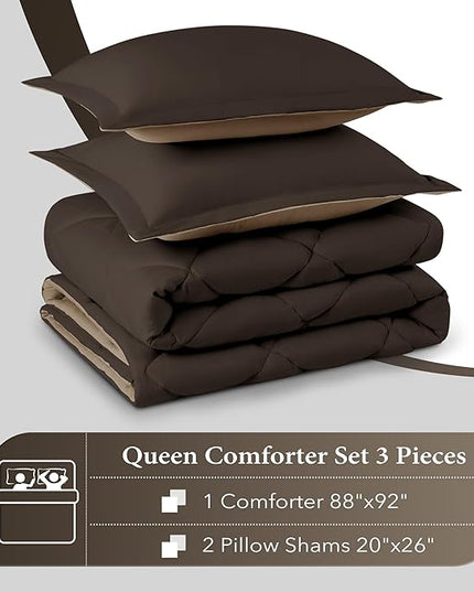 downluxe Queen Comforter Set - Brown and Tan Queen Comforter, Soft Bedding Sets for All Seasons -3 Pieces - 1 Comforter (88"x92") and 2 Pillow Shams(20"x26") - LeafyLoom