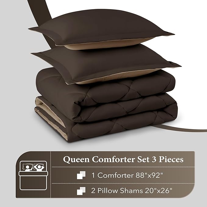 downluxe Queen Comforter Set - Brown and Tan Queen Comforter, Soft Bedding Sets for All Seasons -3 Pieces - 1 Comforter (88"x92") and 2 Pillow Shams(20"x26") - LeafyLoom