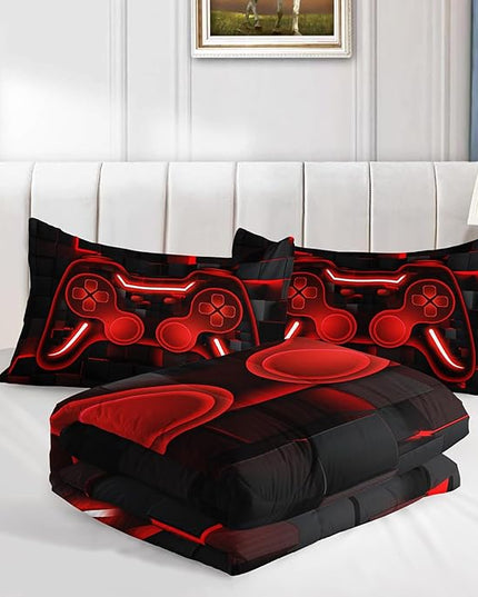 Axolotl Gamepad Comforter Set Twin Size,Red Grid Print Bedding Set,Boys Gaming Console Comforter Set,Video Gaming controller Bedding Set for Teens Men Adults,1 Quilt 2 Pillowcases,Red Black - LeafyLoom