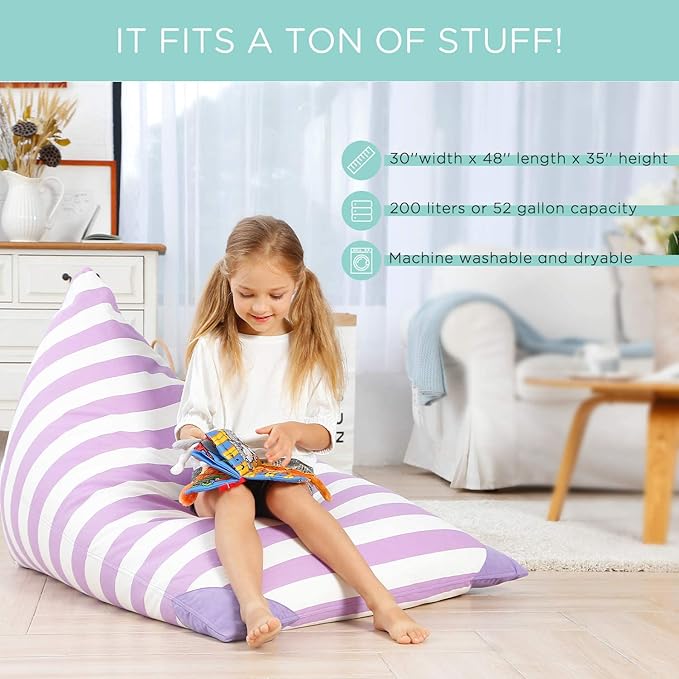 Aubliss Stuffed Animal Storage Bean Bag Chairs Cover, 50"x 35" Extra Large Bean Bags Chair for Kids & Adults, Beanbag Toy Storage for Boys Girls - Premium Cotton Canvas Purple Stripe - LeafyLoom