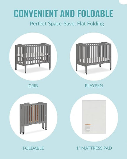 2-in-1 Portable Folding Stationary Side Crib in Storm Grey, Greenguard Gold Certified, Two Adjustable Mattress Height Positions,Made of Solid Pinewood, Flat Folding Crib - LeafyLoom