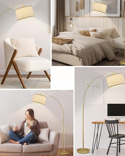 Arc Floor Lamps for Living Room, Gold Modern Floor Lamp, Tall Pole Lamp with Foot Switch, Adjustable Hanging Drum Shade, Over Couch Arched Reading Light for Bedroom, Office, LED Bulb Not Include - LeafyLoom