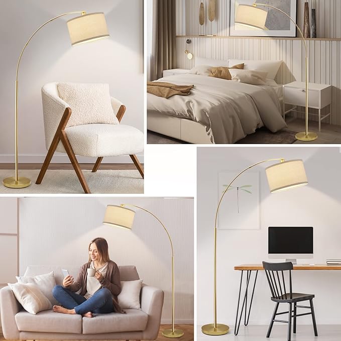 Arc Floor Lamps for Living Room, Gold Modern Floor Lamp, Tall Pole Lamp with Foot Switch, Adjustable Hanging Drum Shade, Over Couch Arched Reading Light for Bedroom, Office, LED Bulb Not Include - LeafyLoom