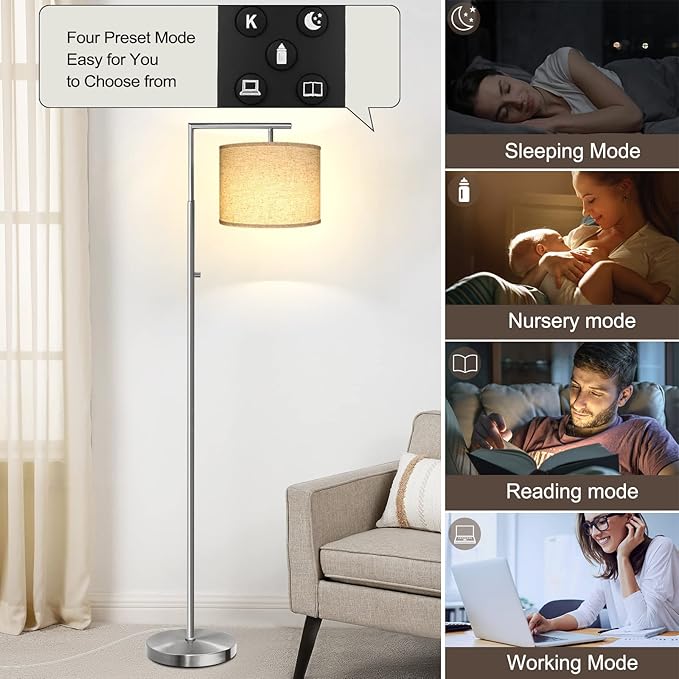 Dimmable Floor Lamp, 4-Color Temperature Modern Standing Lamp with Remote Control & Beige Shade, Tall Pole Floor Lamp for Living Room, Bedroom, Study Room, Office (LED Bulb Included) -Silver - LeafyLoom