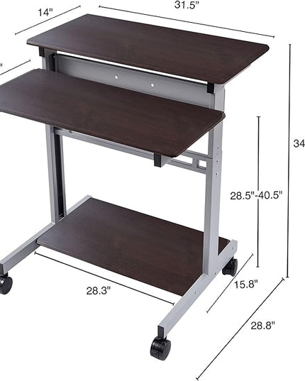 Stand Up Desk Store Rolling Adjustable Height Two Tier Standing Desk Computer Workstation (Silver Frame/Dark Walnut Top, 32" Wide) - LeafyLoom