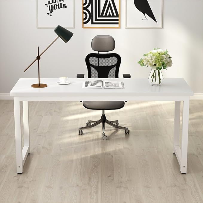 Tribesigns Computer Desk, 55 inch Large Office Desk Computer Table Study Writing Desk for Home Office, White + White Leg - LeafyLoom