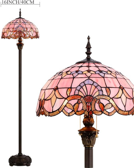 WERFACTORY Tiffany Floor Lamp Pink Baroque Stained Glass Standing Reading Light 16X16X64 Inches Antique Pole Corner Lamp Decor Bedroom Living Room Home Office S003P Series - LeafyLoom