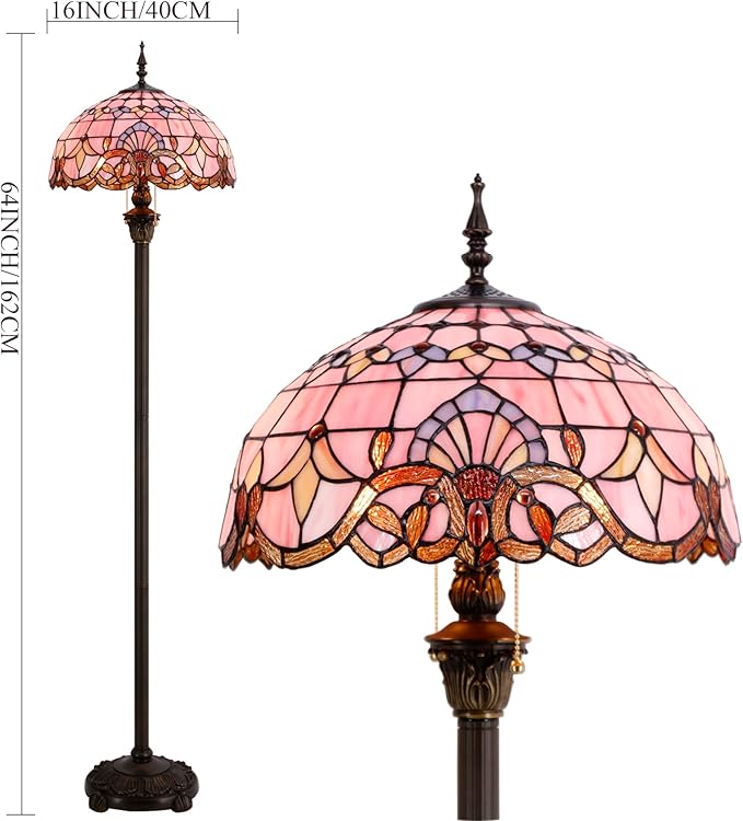 WERFACTORY Tiffany Floor Lamp Pink Baroque Stained Glass Standing Reading Light 16X16X64 Inches Antique Pole Corner Lamp Decor Bedroom Living Room Home Office S003P Series - LeafyLoom