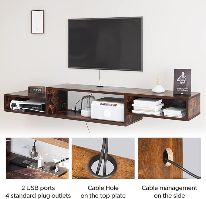 Floating TV Stand Wall Mounted with Power Outlet 59", Floating Entertainment Center, Wood Media Console Shelf for Under TV Storage for Living Room Bedroom Office Rustic Brown - LeafyLoom