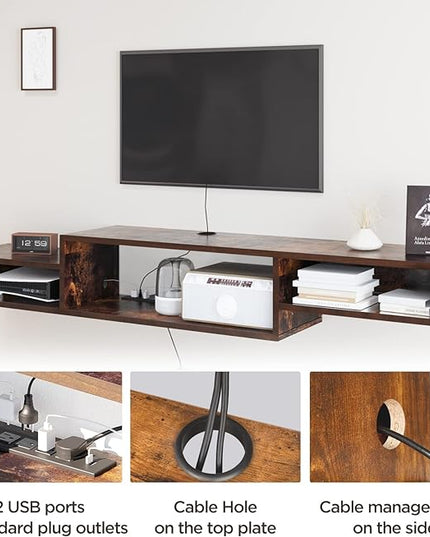 Floating TV Stand Wall Mounted with Power Outlet 70", Floating Entertainment Center, Wood Media Console Shelf for Under TV Storage for Living Room Bedroom Office - LeafyLoom