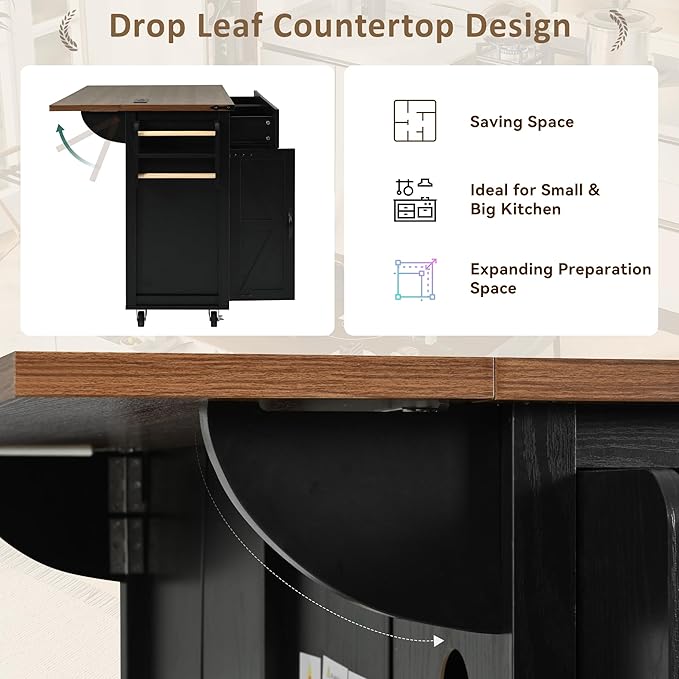 Farmhouse Kitchen Island with Power Outlet, Rolling Kitchen-Cart with Drop Leaf, Storage Cabinet Table on Wheels w/Spice Rack and Drawer for Dining Room, Bar - LeafyLoom