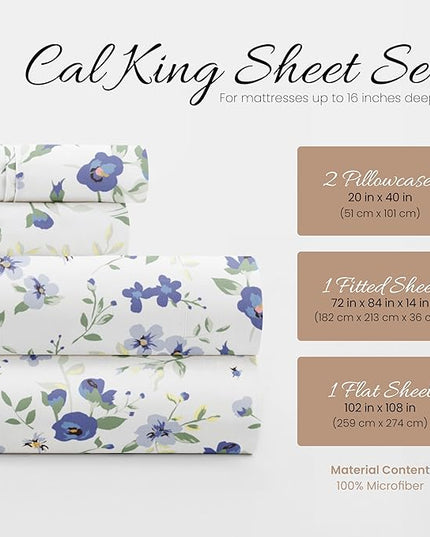 4 Piece Cal King Bedding Sheet Set (Light Blue Floral) - Sleep Better Than Ever with These Ultra-Soft & Cooling Bed Sheets for Your Cal King Size Bed - Deep Pocket Fits 16" Mattress - LeafyLoom