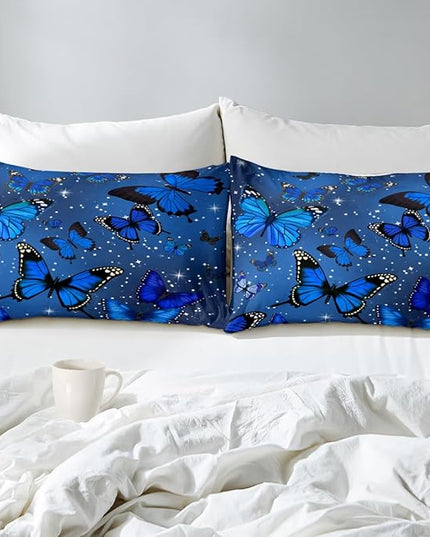 Butterfly Bedding Set for Girls, Butterfly Comforter, Blue Butterflies with Sparkle Stars Prints Comforter Set for Women Girls Butterfly Bedding Queen Size Quilt Sets, 1 Comforter + 2 Pillowcases - LeafyLoom