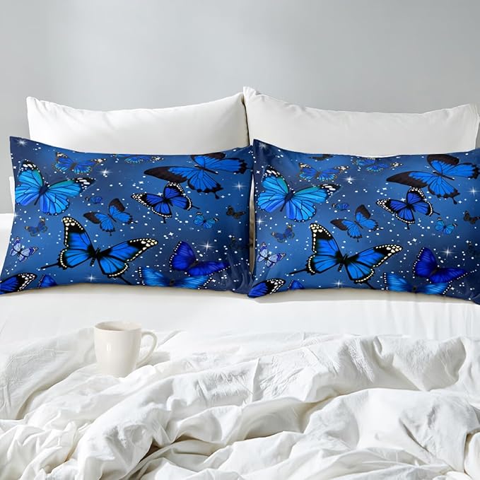 Blue Butterfly Comforter, Butterfly Bedding Set for Girls, Blue Butterflies with Sparkle Stars Prints Comforter Set for Women Girls Butterfly Bedding Full Size Quilt Set, 1 Comforter + 2 Pillowcases - LeafyLoom
