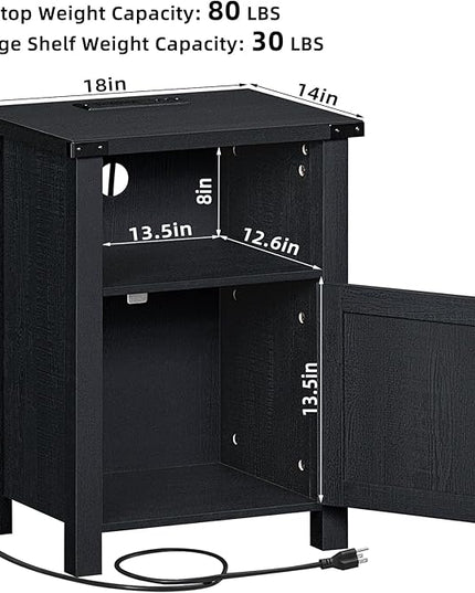 Night Stand, 18 Inch Farmhouse Nightstand with with Charging Station and USB Port, Rustic Couch End Table with Magnetic Door, Wood Bed Side Tables for Bedroom, Home, Black - LeafyLoom