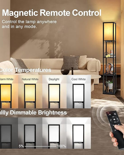 OUTON Floor Lamp with Shelves, Dimmable Shelf Floor Lamp with Remote, 1USB & 1 Type C Ports, 1 Power Outlet, Modern Standing Lamp with 4 Color Temperature for Living Room, Bedroom, Matte Black - LeafyLoom
