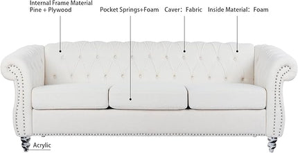 3-Seaters Living Room Clasic Chesterfield Sofa Couch Button Tufted PU Leather Upholstered Sofa&Couch with Luxury Roller Armrest Crystal Legs Movable Cushions & Nailhead Decor - LeafyLoom