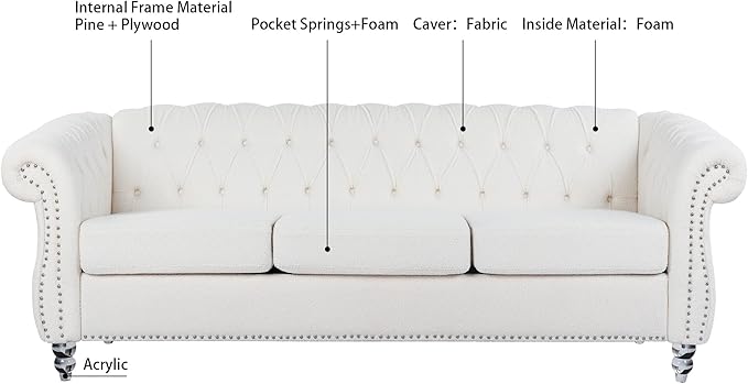 3-Seaters Living Room Clasic Chesterfield Sofa Couch Button Tufted PU Leather Upholstered Sofa&Couch with Luxury Roller Armrest Crystal Legs Movable Cushions & Nailhead Decor - LeafyLoom