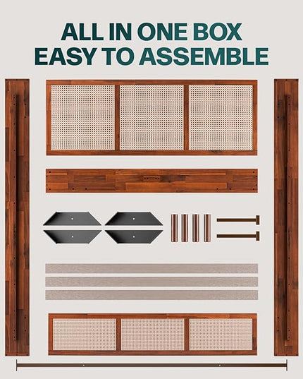 Bme Nancy Signature Bed Frame, Queen Bed Frame and Headboard Unique Geometric, Mid Century Modern, Solid Acacia Wood, No Box Spring Needed, 12 Strong Wood Slats Support, Easy Assembly, Dark Chocolate - LeafyLoom