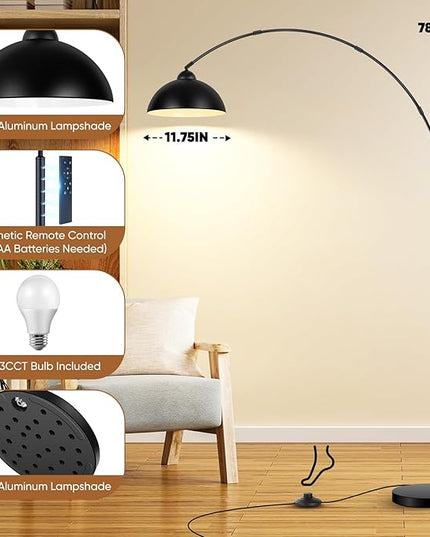 Arc Floor Lamp for Living Room with Remote, 78” Black Standing Lamp with LED Bulb, Stepless Dimmable Color Temperature & Brightness Corner Lamp, Modern Over Couch Tall Reading Light for Bedroom Office - LeafyLoom