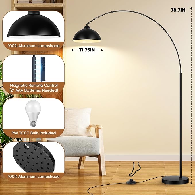 Arc Floor Lamp for Living Room with Remote, 78” Black Standing Lamp with LED Bulb, Stepless Dimmable Color Temperature & Brightness Corner Lamp, Modern Over Couch Tall Reading Light for Bedroom Office - LeafyLoom