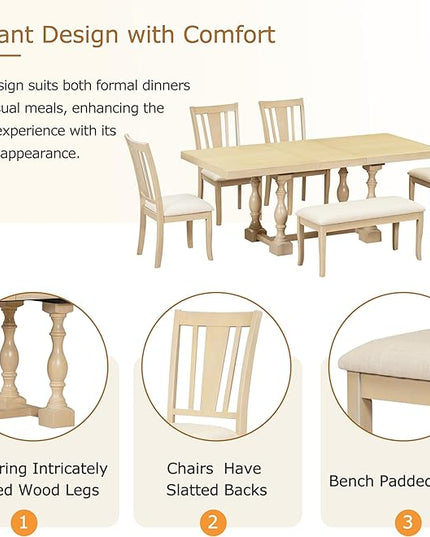 Merax 6-Piece Dining Set with 78inch Trestle Extendable Rectangular Table and 18inch Removable Leaf, Including 4 Padded Chairs & Linen Upholstered Bench for Living Room, Kitchen,Natural - LeafyLoom