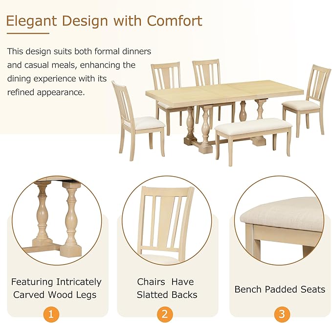 Merax 6-Piece Dining Set with 78inch Trestle Extendable Rectangular Table and 18inch Removable Leaf, Including 4 Padded Chairs & Linen Upholstered Bench for Living Room, Kitchen,Natural - LeafyLoom