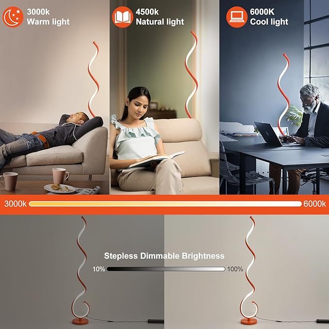 LED Floor Lamps for Living Room - Orange Spiral Modern Floor Lamp with Remote 3 Color Dimmable Standing Lamp Bright Tall Corner Lamp for Bedroom 53 in - LeafyLoom