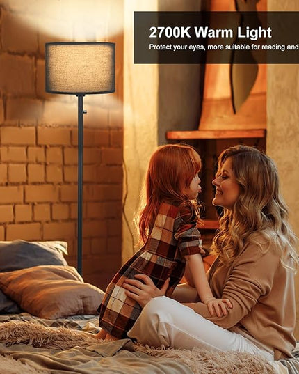 Floor Lamps for Living Room, Stepless Dimmable Standing Lamp, Modern Floor Lamp with Rotary Switch, Black Linen Shade, 9W Led Bulb Included(1000LM,2700K), Tall Lamp for Bedroom, Office, Farmhouse - LeafyLoom