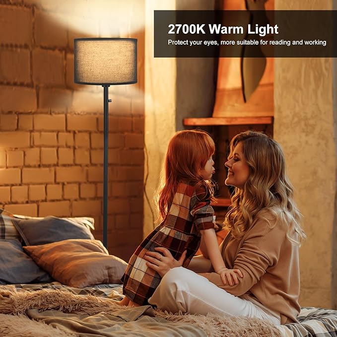 Floor Lamps for Living Room, Stepless Dimmable Standing Lamp, Modern Floor Lamp with Rotary Switch, Black Linen Shade, 9W Led Bulb Included(1000LM,2700K), Tall Lamp for Bedroom, Office, Farmhouse - LeafyLoom