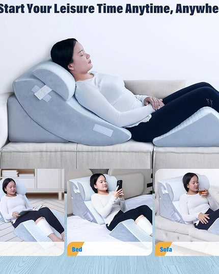 SAHEYER 4pcs Orthopedic Bed Wedge Pillow Set, Post Surgery Memory Foam for Back, Neck and Leg Pain Relief, Gel Memory Foam Pillow for Heartburn, Anti Snoring, Acid Reflux & GERD Sleeping - LeafyLoom