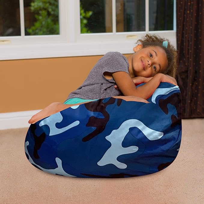 Posh Creations Bean Bag Chair for Kids, Teens, and Adults Includes Removable and Machine Washable Cover, Soft Nylon - Camo Blue and Light Blue, 27in - Medium - LeafyLoom
