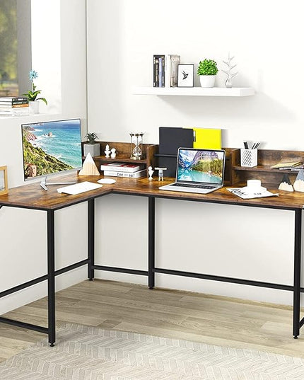 LUARANE 65.5 Inches L-Shaped Desk, Industrial Computer Desk with Hutch File Rack, Space Saving Corner Desk with Metal Frame, Computer Workstation for Home Office (Coffee) - LeafyLoom