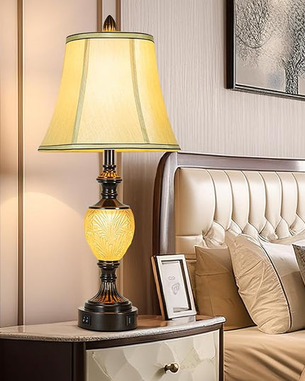 27'' High Vintage Table Lamp Set of 2 for Living Room Farmhouse Bedside Lamp with Fabric Shades Boho Nightstand Lamp with USB and Nightlight for Bedroom Home Office Hotel Bar (Led Bulb Included) - LeafyLoom