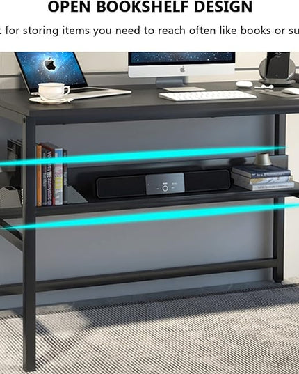 Aquzee Computer Desk with Hutch and Shelves, 47-Inch Wide Office Desk with 3-Tier Storage Shelves for Space-Saving, Modern Standing Desk for Study and Writing Work, Easy to Assemble, Black - LeafyLoom
