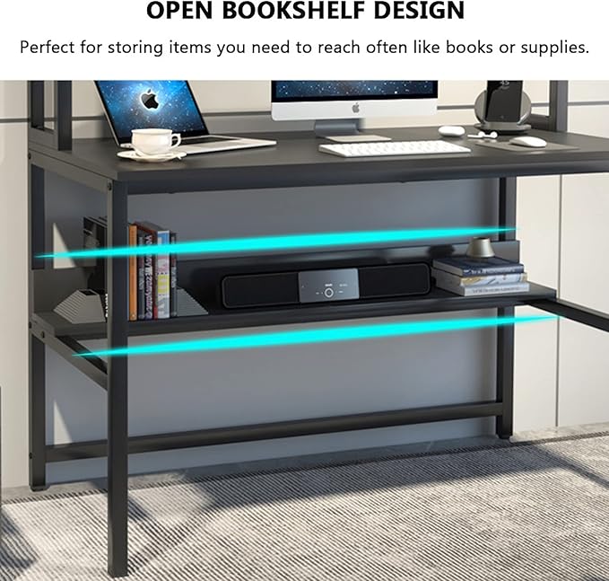 Aquzee Computer Desk with Hutch and Shelves, 47-Inch Wide Office Desk with 3-Tier Storage Shelves for Space-Saving, Modern Standing Desk for Study and Writing Work, Easy to Assemble, Black - LeafyLoom
