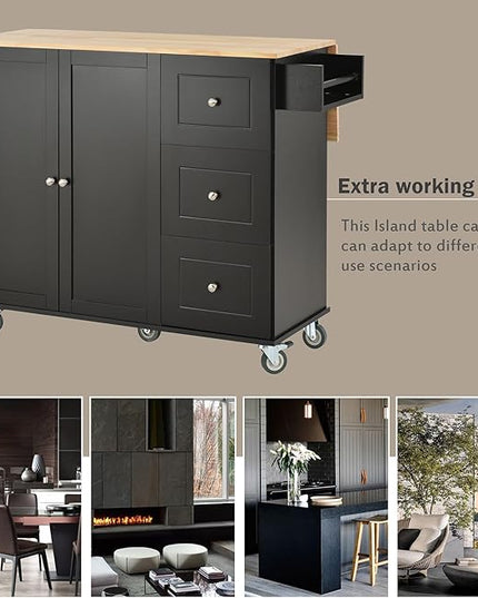 Kitchen Island with Storage, Rolling Table on Wheels w/Spice Rack, Towel Rack & Drawer for Dinning Room - LeafyLoom