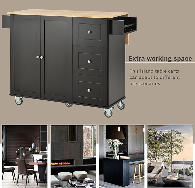 Kitchen Island with Storage, Rolling Table on Wheels w/Spice Rack, Towel Rack & Drawer for Dinning Room - LeafyLoom