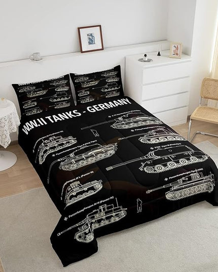 Tank Comforter Set King, War Theme Bedding Set, Soldier Dirt Bike Camouflage Army Acting Down Comforter for Kid Boy Teen Men,Camo Vintage Style Quilt Set, Military Vehicle Duvet Set Room Decor - LeafyLoom
