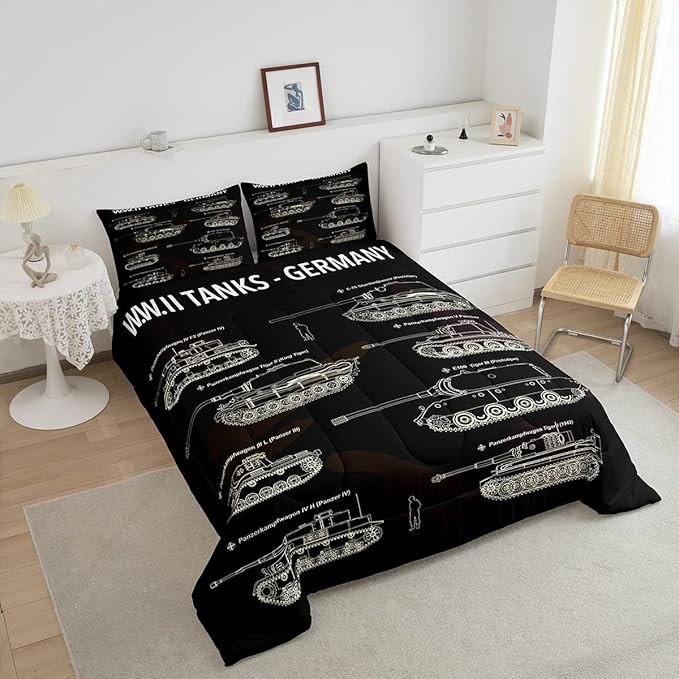 Tank Comforter Set King, War Theme Bedding Set, Soldier Dirt Bike Camouflage Army Acting Down Comforter for Kid Boy Teen Men,Camo Vintage Style Quilt Set, Military Vehicle Duvet Set Room Decor - LeafyLoom