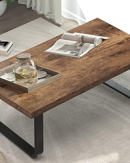 HSH Wooden Coffee Table, Industrial Rectangle Center Table, Modern Minimalist Coffee Table for Living Room, Farmhouse Wood and Metal Cocktail Tea Table for Bedroom Home Office, Rustic Brown, 47 in - LeafyLoom