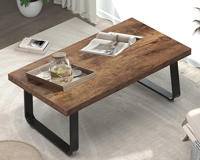 HSH Wooden Coffee Table, Industrial Rectangle Center Table, Modern Minimalist Coffee Table for Living Room, Farmhouse Wood and Metal Cocktail Tea Table for Bedroom Home Office, Rustic Brown, 47 in - LeafyLoom