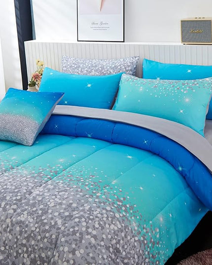 inron Aqua Glitter Comforter Sets for Girls Women,Full Size 5-Pieces Bed in a Bag Ultra Soft Microfiber Comforter and Sheet Sets, All Season Durable Bedding Set(Aqua,Full) - LeafyLoom