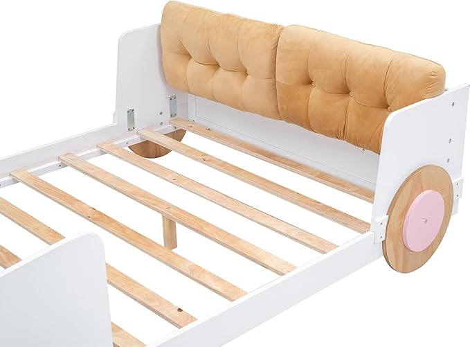 Full size Car-Shaped Platform Bed with Soft Cushion,Wooden Car Bedframe W/Footboard in-Build Shelves,Easy Assembly,Fun Play Design,Bedroom Furniture for Boys Girls Kids Toddlers Teens,White - LeafyLoom