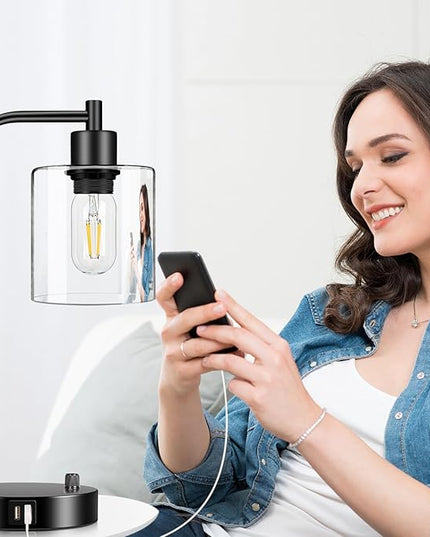 Industrial Table Lamp with 2 USB Charging Ports, Fully Stepless Dimmable Modern Nightstand Lamp, Glass Shade Bedside Desk Lamp for Bedroom Living Room Office, 6W 2700K LED Edison Bulb Included - LeafyLoom